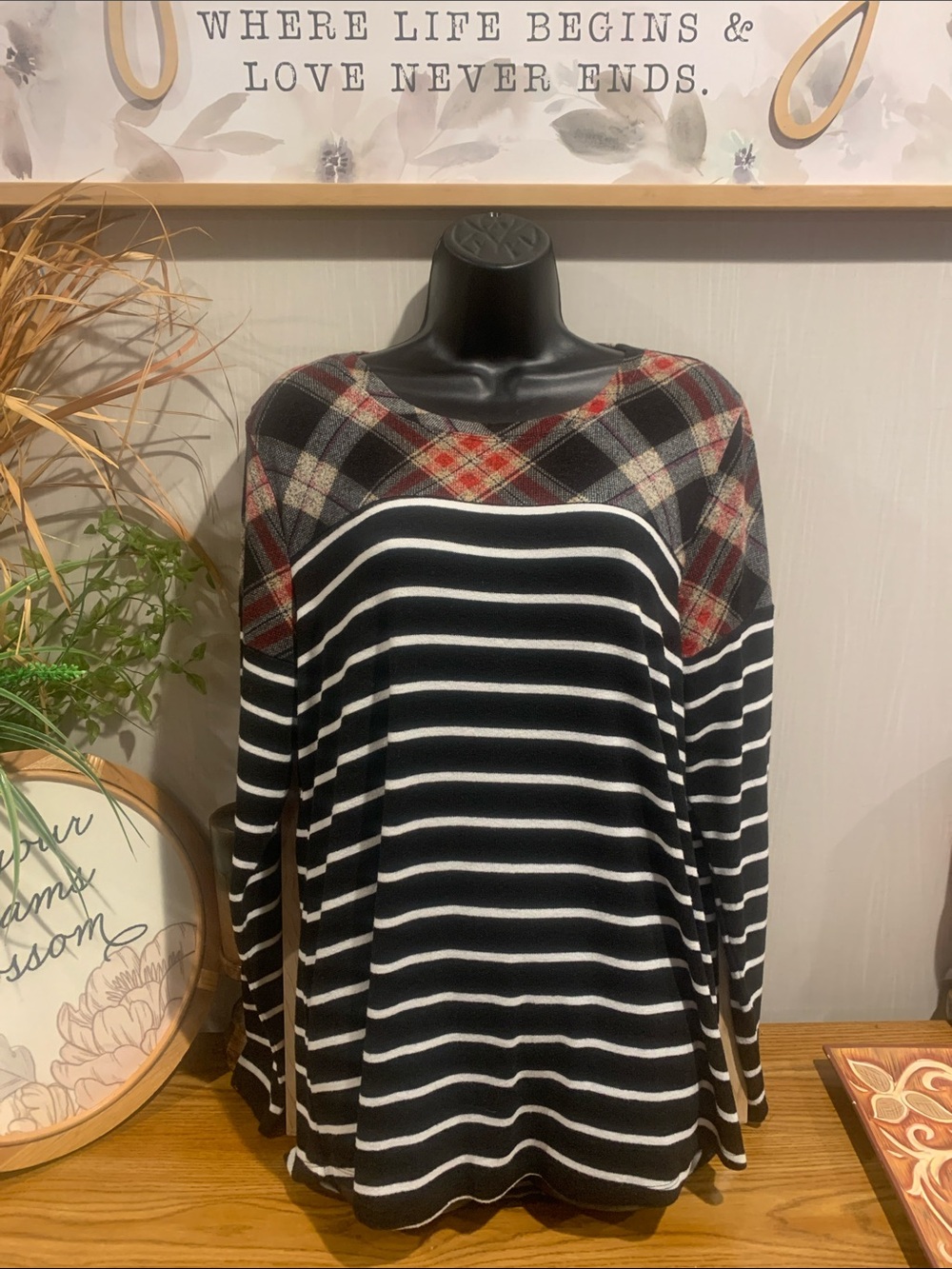 Striped Black & White Sweater with Red Plaid Yoke